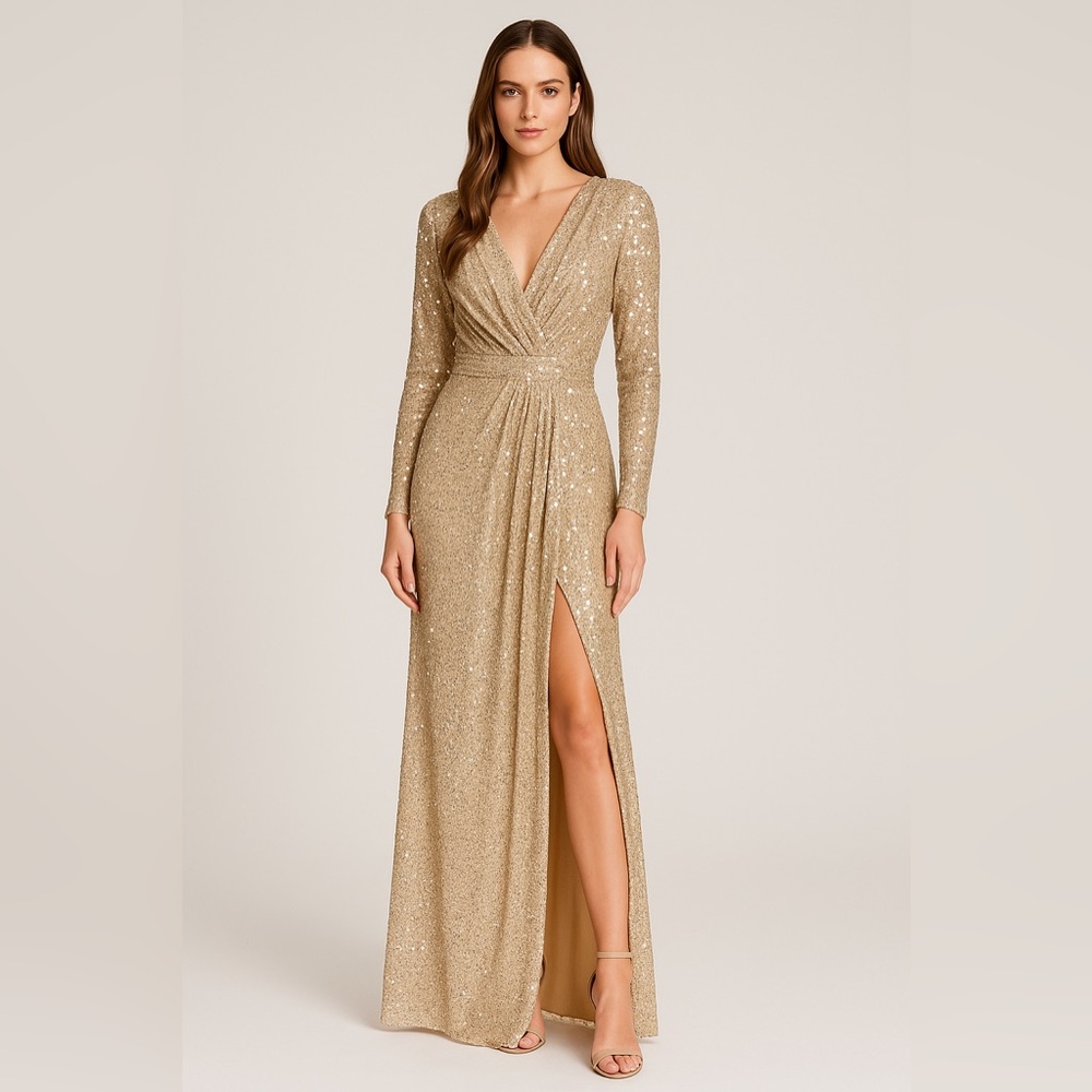 “IEENA by Mac Duggal Gold Sequin Long Sleeve Floor-Length Gown - Size 8”
